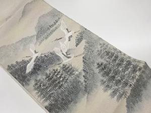 リサイクル　作家物　手描き山並みに木々・群鶴模様袋帯